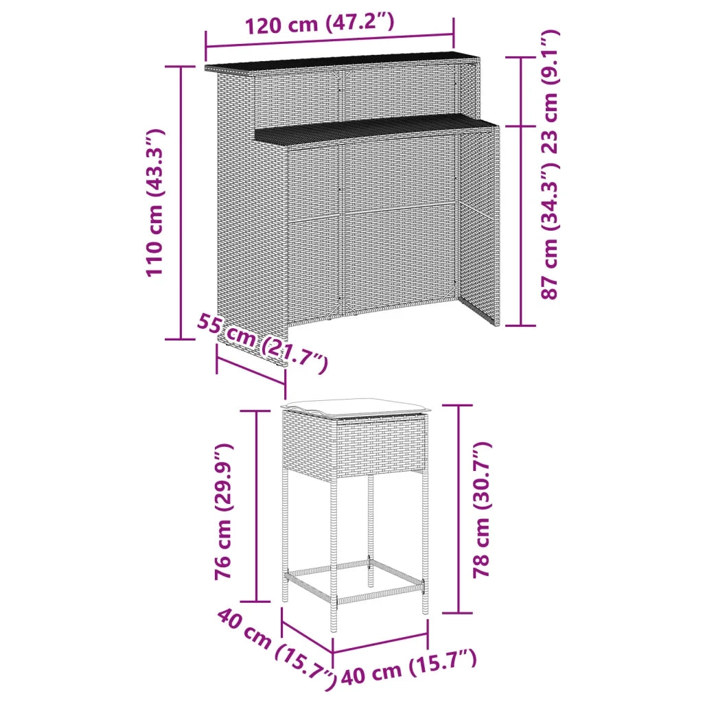 Set Bar da Giardino 5 pz con Cuscini in Polyrattan Grigio 3261489