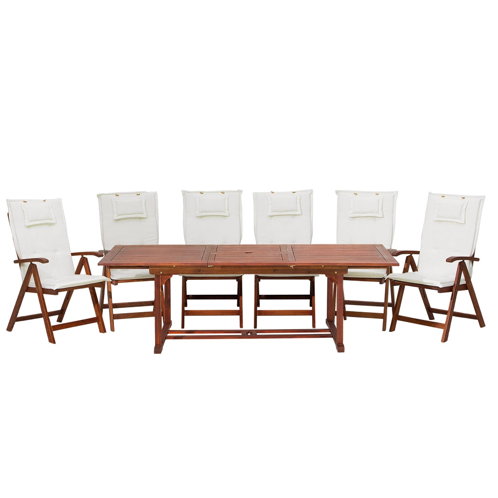 Set da pranzo da giardino Tavolo allungabile legno acacia chiaro 6 sedie con cuscini bianco sporco Schienale regolabile pieghevole rustico