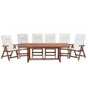 Set da pranzo da giardino Tavolo allungabile legno acacia chiaro 6 sedie con cuscini bianco sporco Schienale regolabile pieghevole rustico