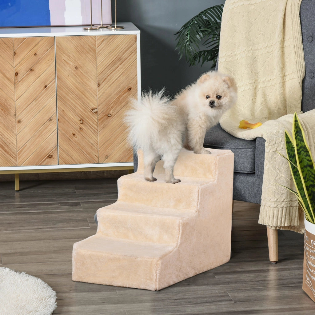 Scaletta per animali a 4 gradini con rivestimento sfoderabile in pile per divano e letto beige 60 × 35 × 44 cm
