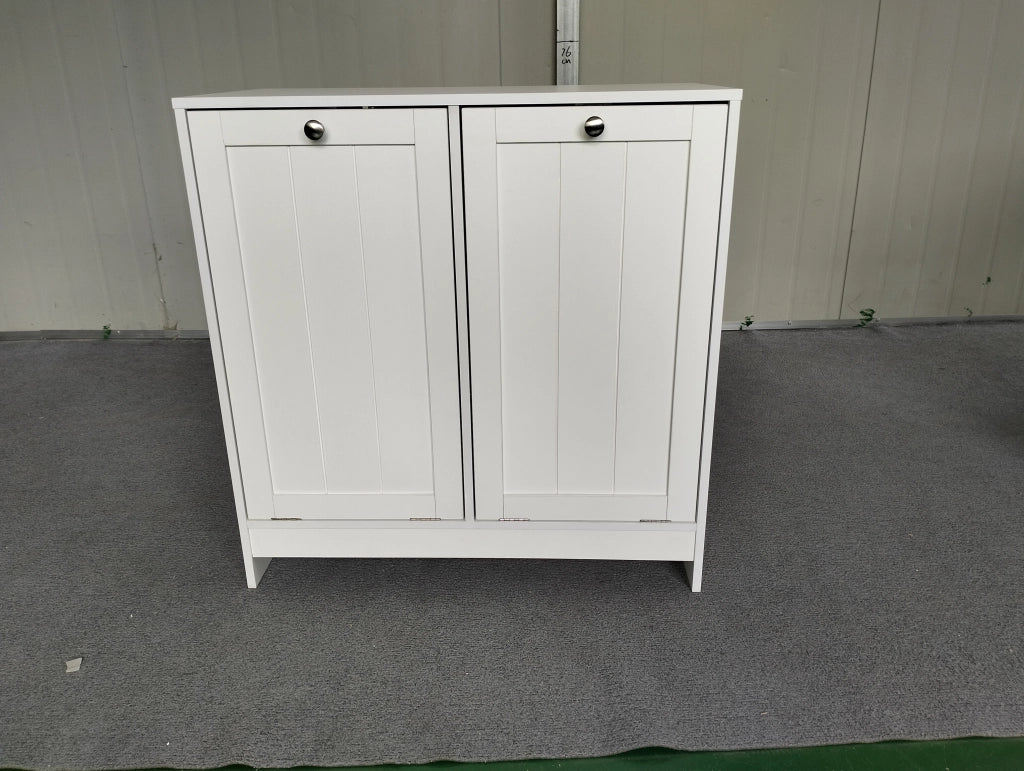 Armadio portabiancheria inclinabile con 2 cesti estraibili, organizer freestanding per bagno e lavanderia, bianco