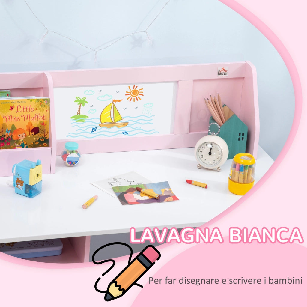 Set Tavolo e Sedie per Bambini 5+ Anni in Legno con Banco Scuola e Sedia Bianco e Rosa