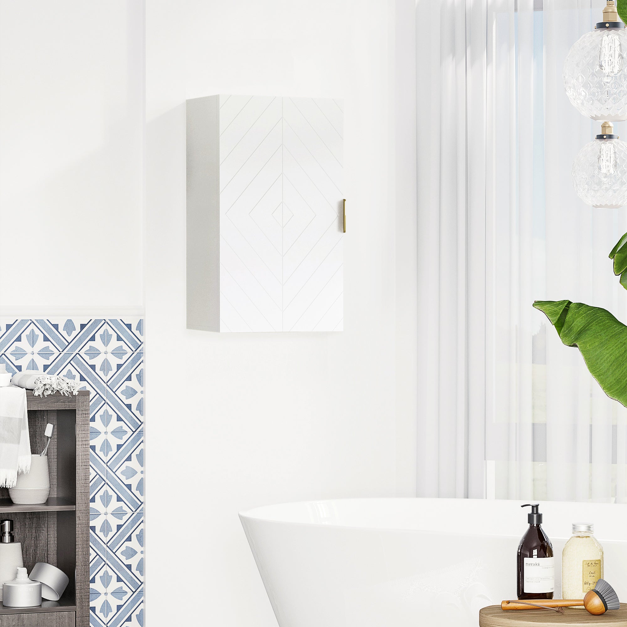 Pensile Mobile Bagno Sospeso con Anta Decorata 40x15x60 cm in MDF Bianco