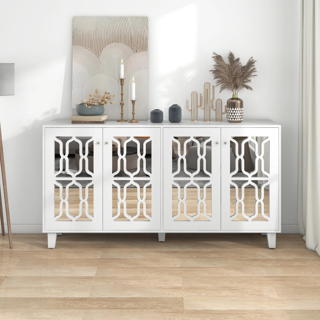 CREDENZA 160x40x84 cm bianca con 4 ante superficie a specchio in MDF