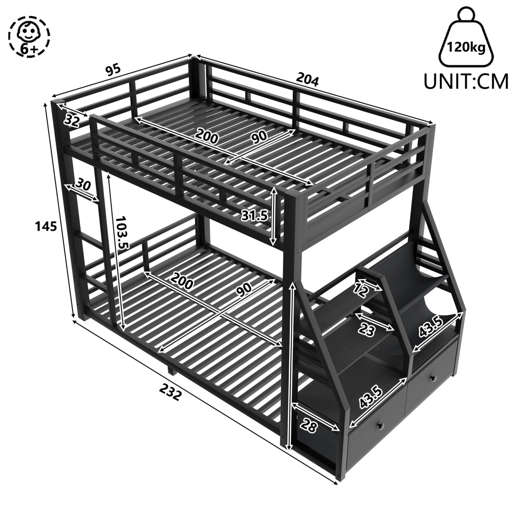 Letto a castello 90x200 cm salvaspazio con illuminazione LED e 2 cassetti in tessuto; metallo nero