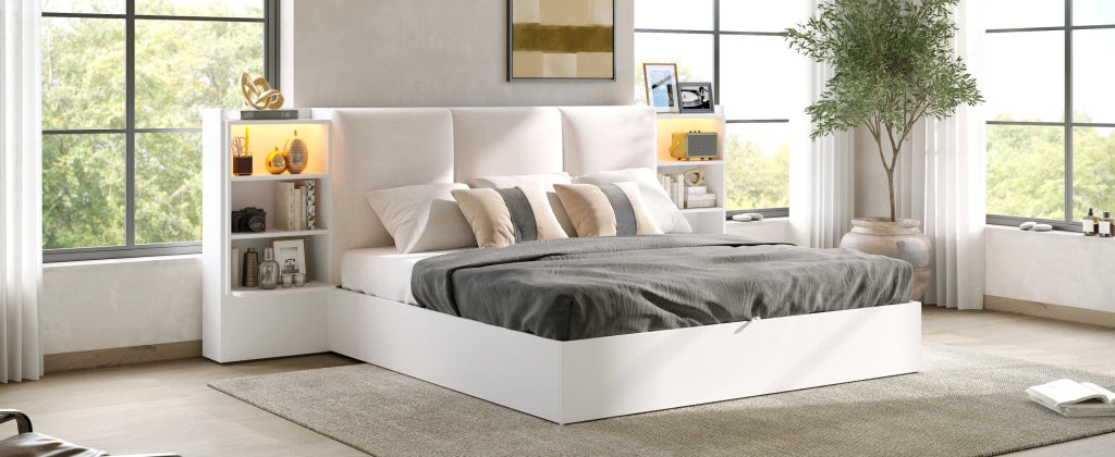 DESMIU Lit coffre 180 × 200 cm 2 posti con 6 vani, LED, senza materasso, in MDF e compensato, bianco