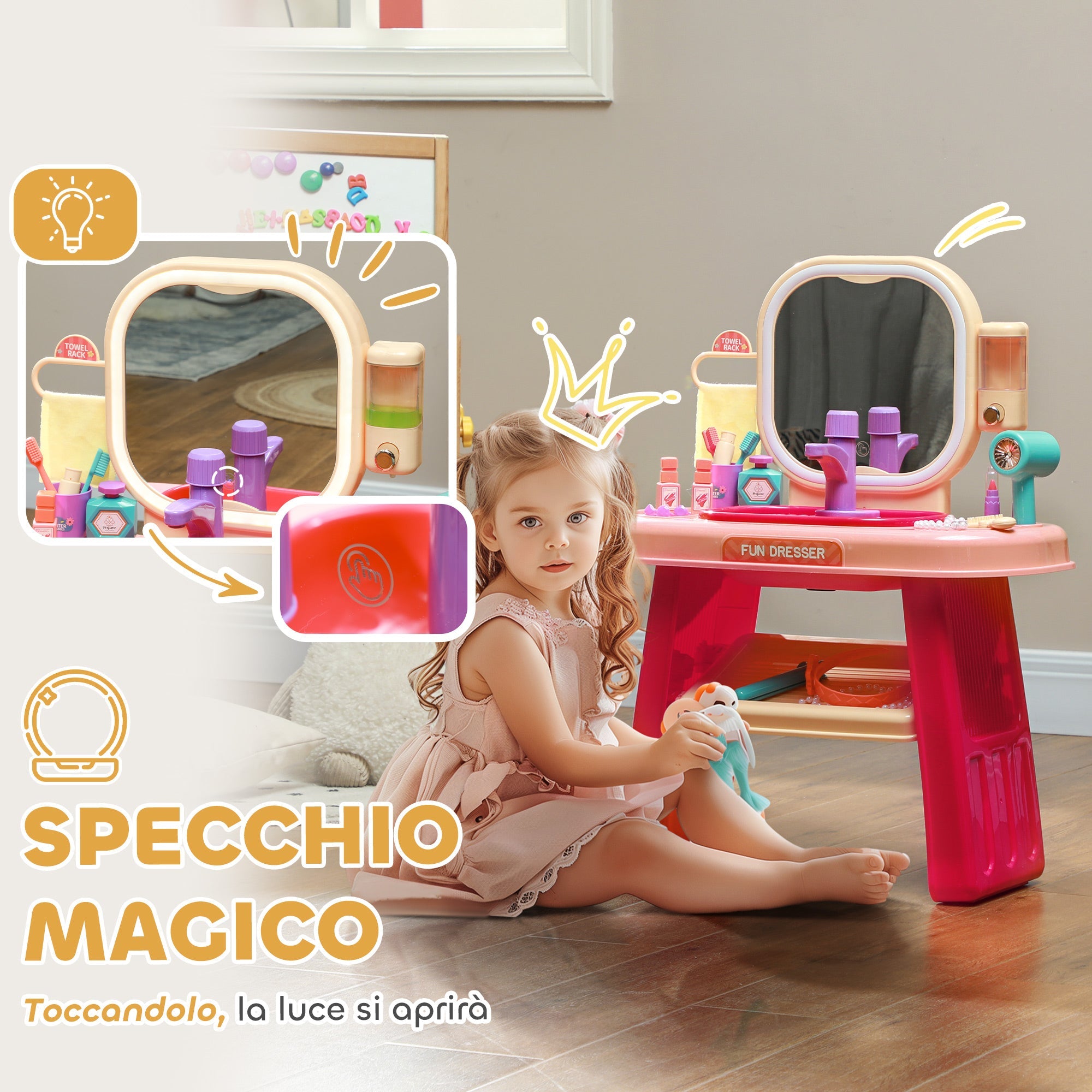Specchiera Giocattolo per Bambini Tavolo Toeletta con Accessori e Rubinetto Rosa