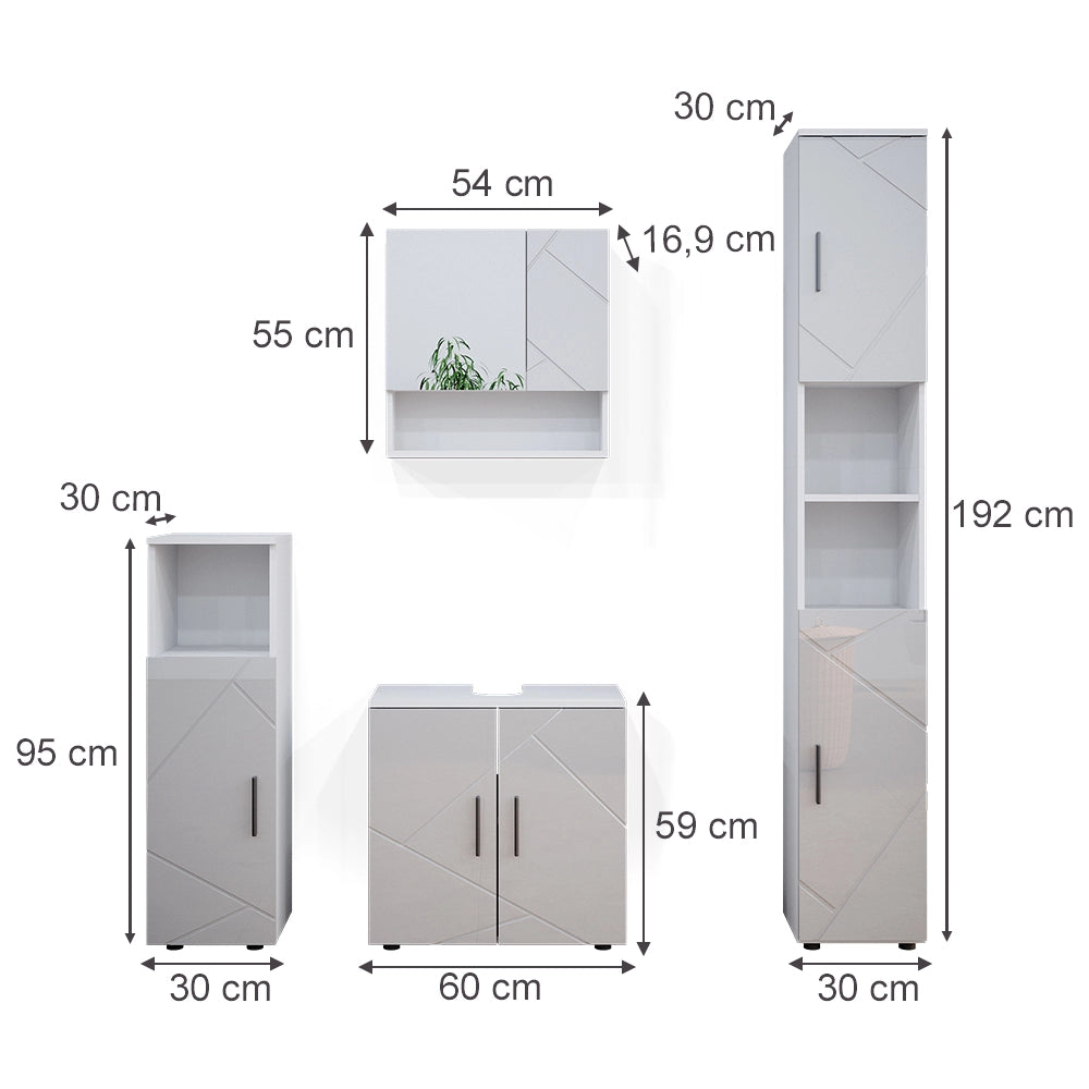 Vicco Set mobili bagno Bianco lucido 4 parti, con armadio alto