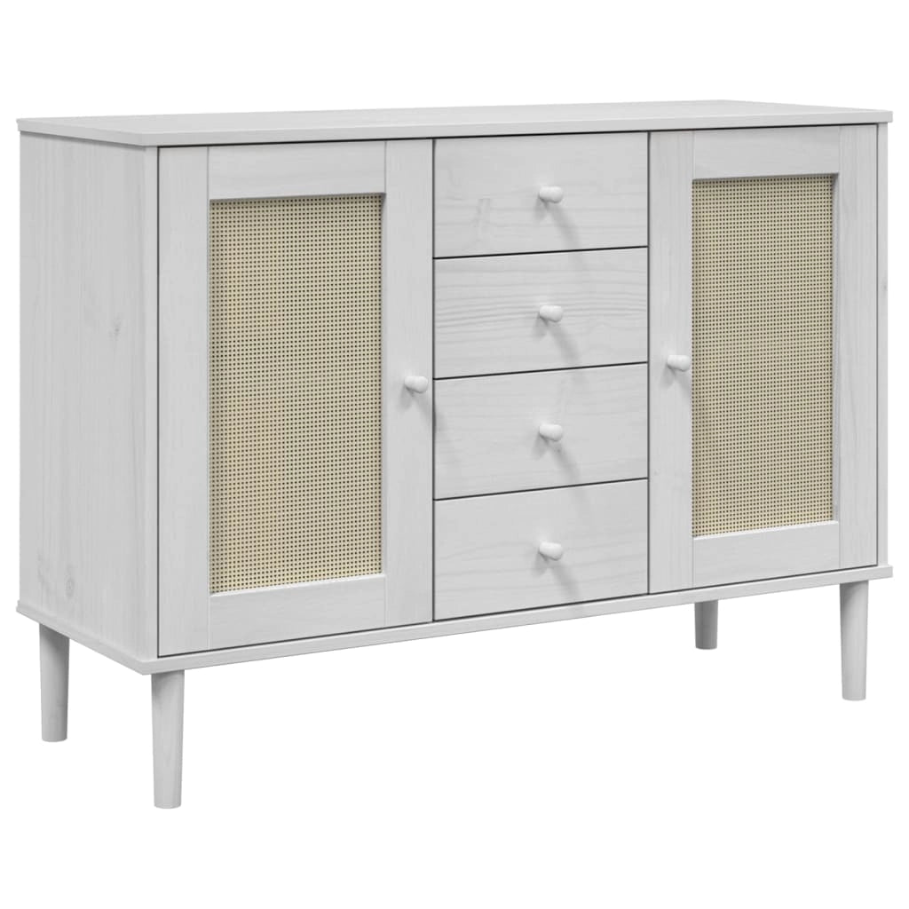 Buffet credenza cassettiera armadio mobile contenitore organizer per cucina soggiorno effetto rattan 112 x 40 x 80 cm legno massello di pino bianco 02_0036223