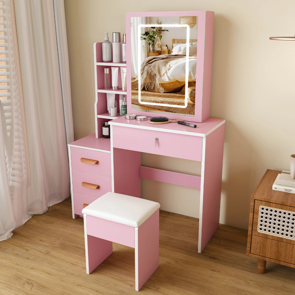 Toeletta con specchio e led; 4 cassetti e vani laterali con ante a specchio; per camera da letto; in mdf; rosa