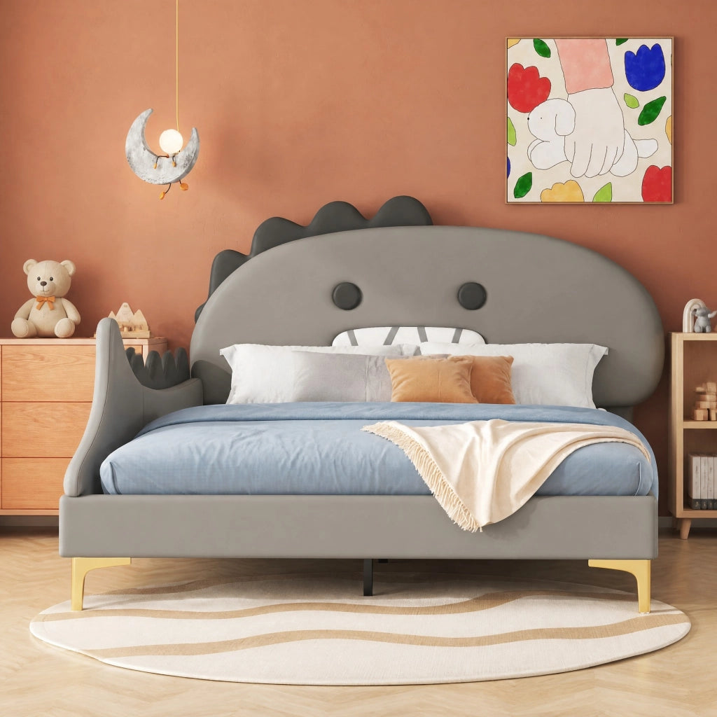 DESMIU Letto per bambini 140 × 200 cm 2 posti con testiera dinosauro, senza materasso, in PU e MDF, grigio