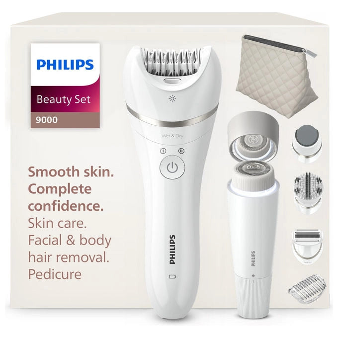 Philips epilatore beauty set all-in-one BRE738-00, corpo e viso, 7 accessori, SkinLED, 32 pinzette, senza fili, docciabile