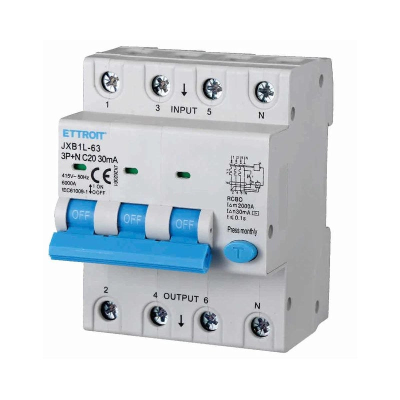 Interruttore Magnetotermico Differenziale 3P+N 20A 6KA 30mA 380V Occupa 4 Moduli DIN