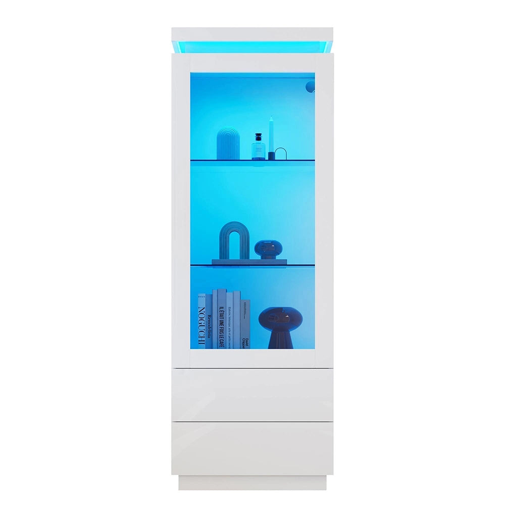 Vetrina 60x40x171 cm 2 cassetti - Xylo - vetrina alta con LED, ante in vetro, piedistallo, bianco