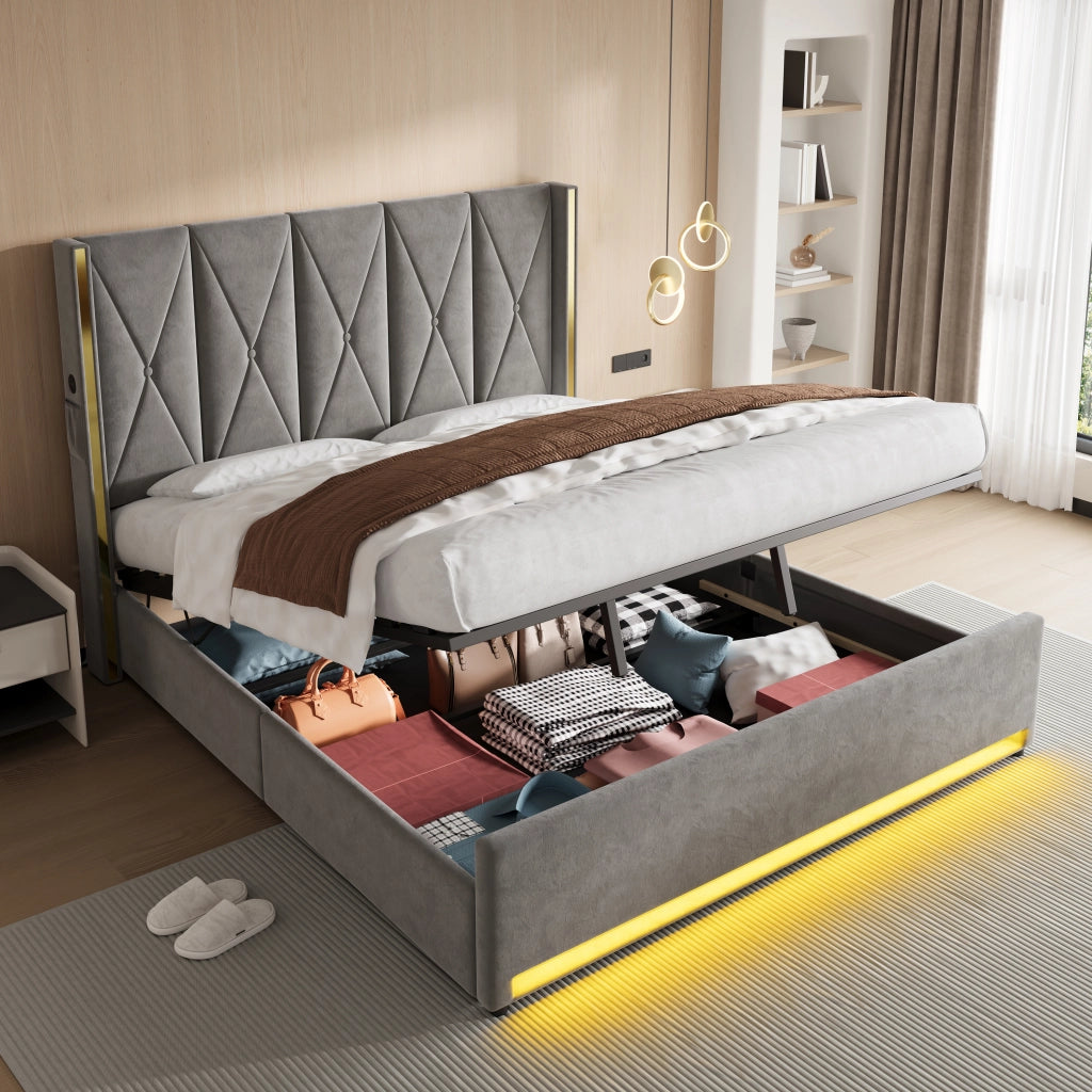 Letto contenitore 180 × 200 cm con testiera alta, USB e Type-C, LED regolabile, senza materasso, in velluto, grigio