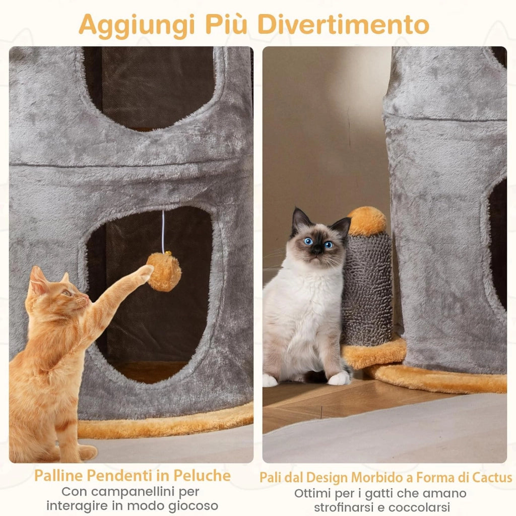 Cuccia per Gatti a 2 Piani, Albero per Gatti con 2 Comode Casette, 2 Palline Pendenti in Peluche, Piattaforma Imbottita in Peluche, Mobile Grotta per Gatti, Nascondiglio a Forma di Barile