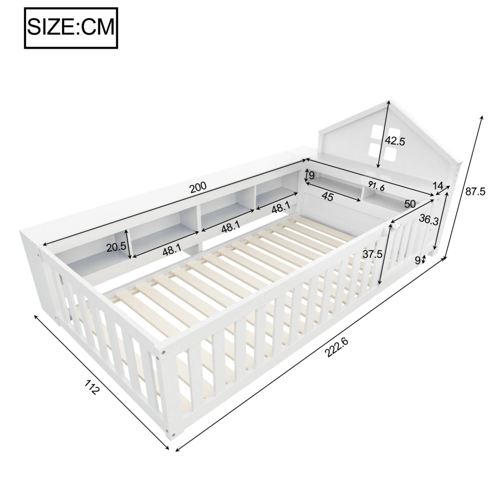 Letto per bambini 90x200 cm con contenitore; tetto con finestra; bianco