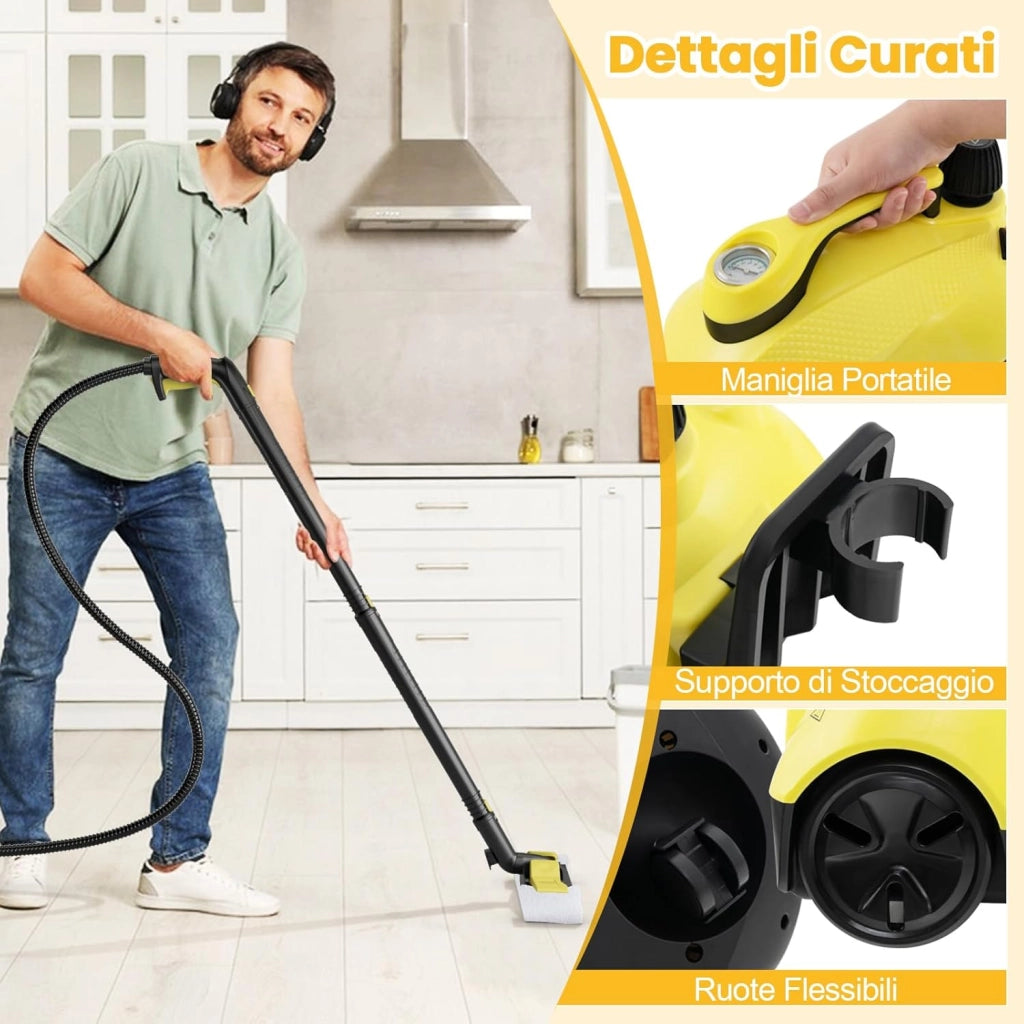 2000W Pulitore a Vapore, Vaporizzatore Portatile con Serbatoio 1,8L, er Uso Domestico con Accessori, Macchina per Pulizia su Pavimenti Finestre Tappeti (Giallo)