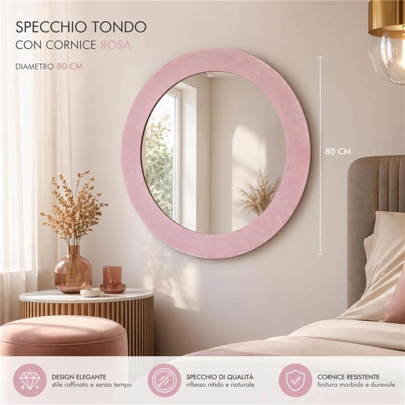 SPECCHIO ROTONDO IN VELLUTO CON GANCI PER APPENDERE DIMENSIONI 80X4.5CM - LINEA: GLOBO COLORE ROSA