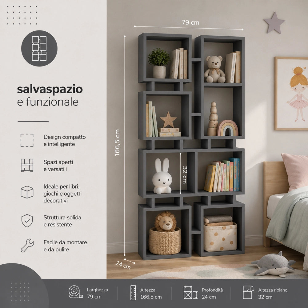 Libreria Moderna 4 Ripiani Antracite Scaffalatura Soggiorno Ufficio 79x24x166.5cm
