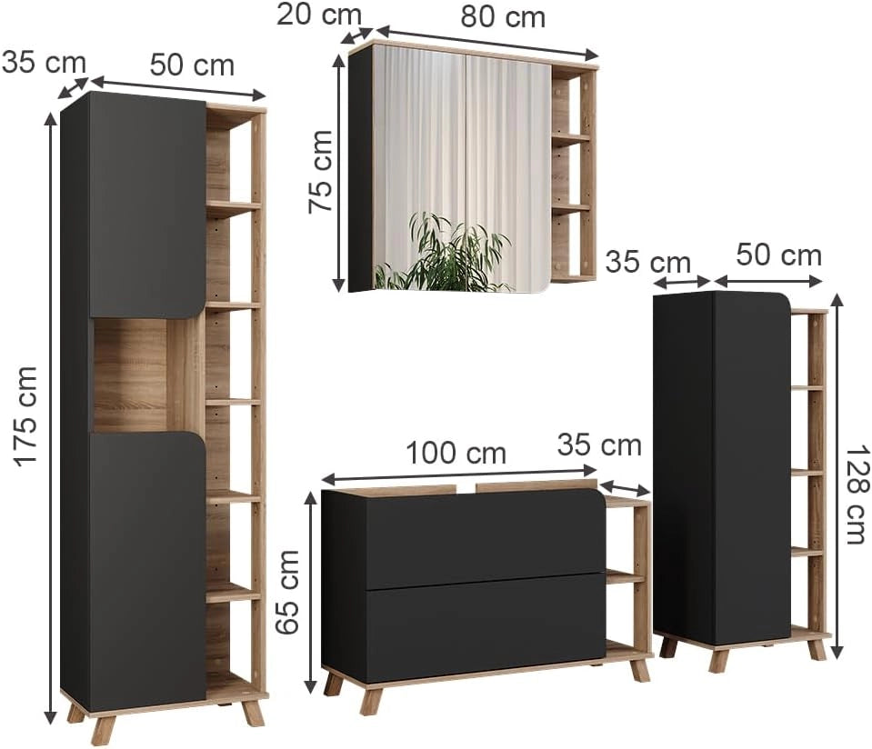 Set di mobili da bagno Karen, Sonoma/antracite, 100 cm, composto da mobile lavabo, pensile a specchio, colonna e base media