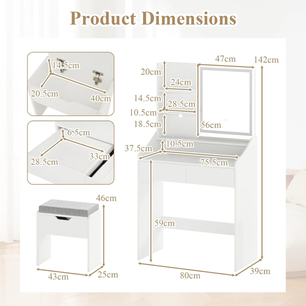 Set da Trucco con Sgabello, Tavolo da Trucco con Specchio Illuminato a LED, 3 Scaffali Aperte e 2 Cassetti, Stazione di Ricarica Integrata, per Salone, Camera da Letto, Bianco