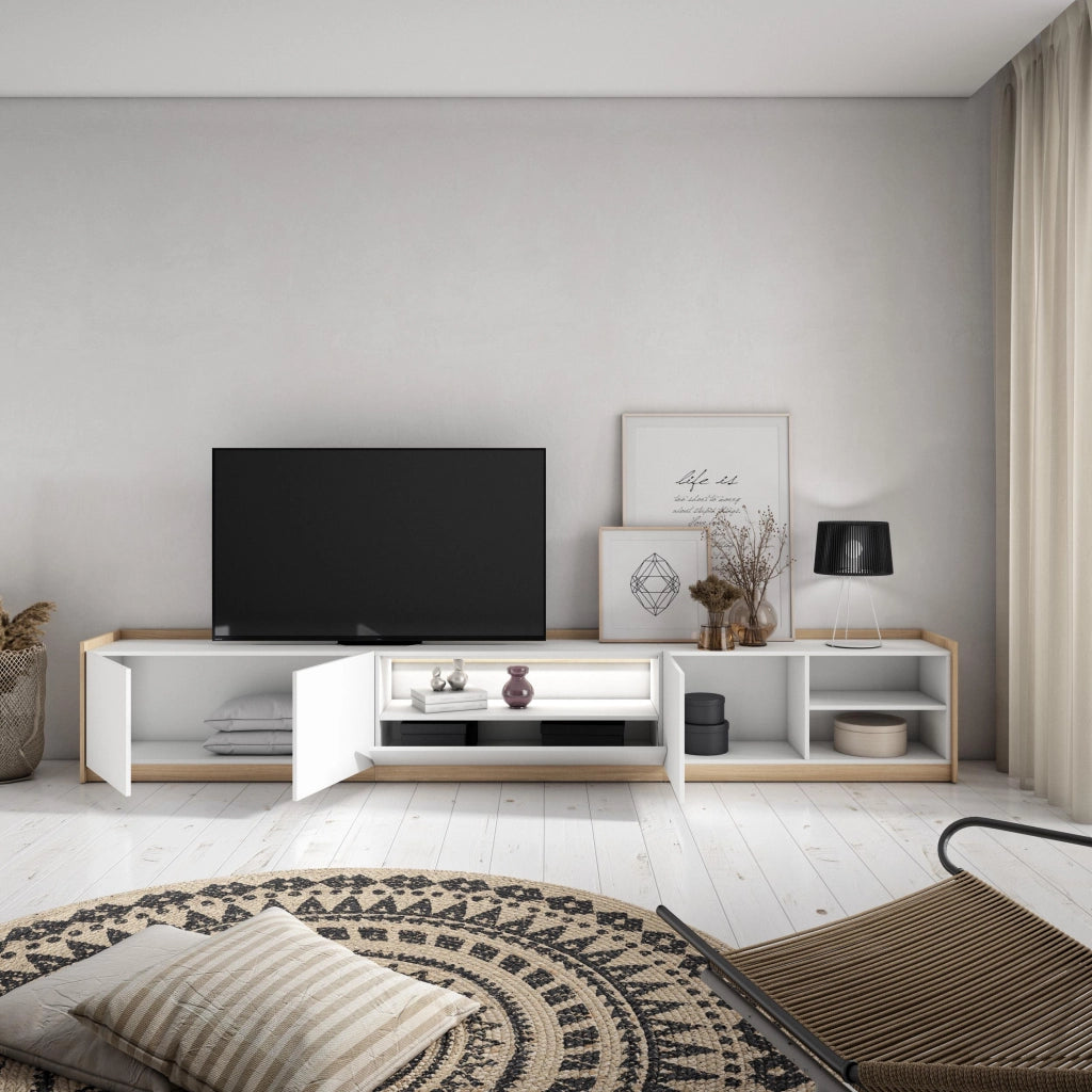 Mobile TV Soggiorno, 310x50x37 cm, Per TV fino a 80", LED, Bianco e Rovere soft