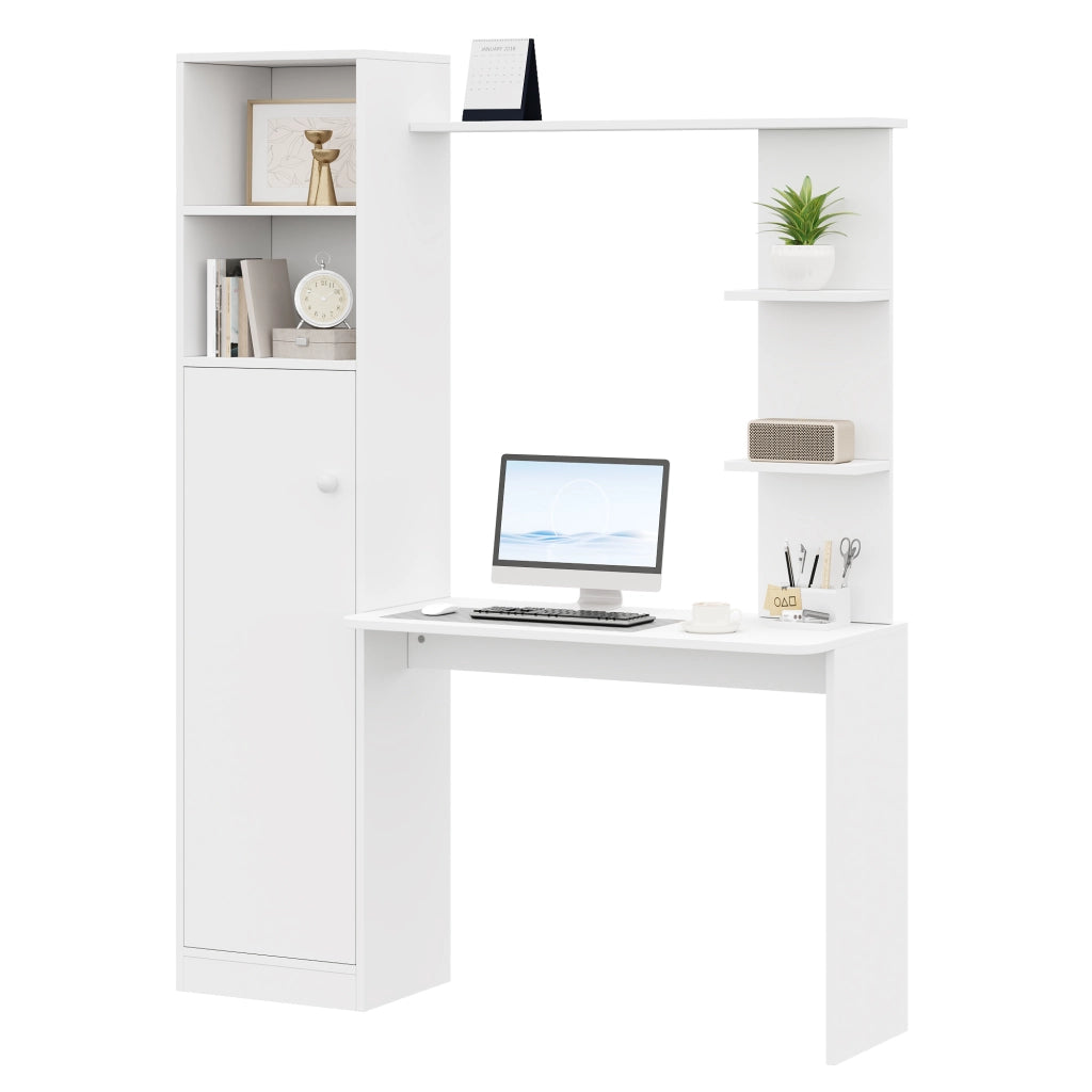 Scrivania lineare con armadio e vani aperti con ripiani per ufficio e studio; in MDF bianco; 123.5×45×168.5 cm