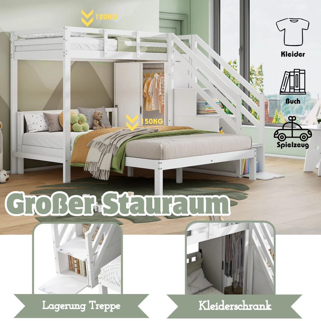 Letto a Castello 140x200 cm e 90x200 cm con guardaroba; scala contenitore e sponde