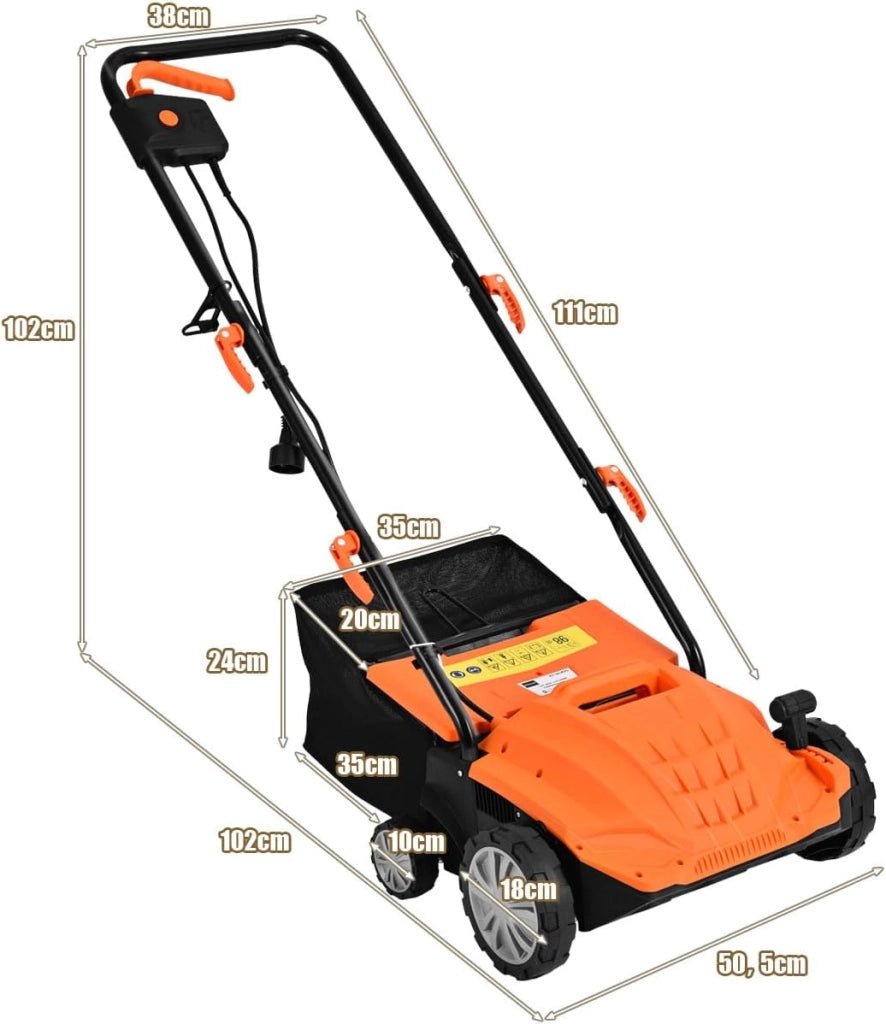 Scarificatore 2 In-1 per Prato, Arieggiatore Elettrico con Sacco Raccoglitore da 30L, Larghezza 32cm, con 3 Posizioni Regolabili, Scarificatore 1500W per Giardino Cortile (32 cm, Arancione)