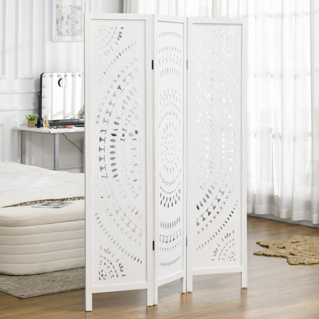 Paravento Pieghevole 3 Pannelli ¨C zephmum ¨C Legno Intagliato Bianco 120x170cm