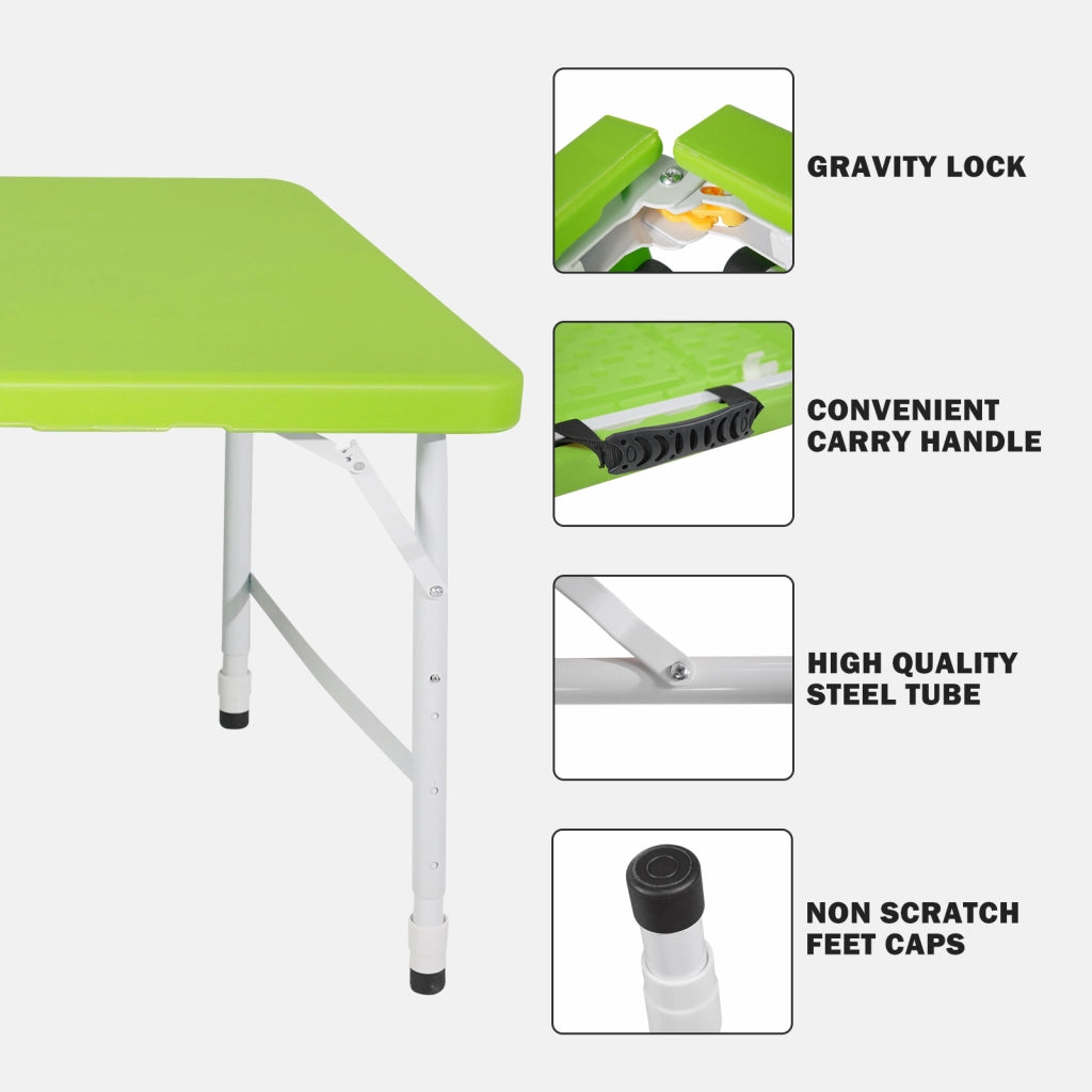 Tavolo pieghevole con piano in plastica ad alta densità e telaio in acciaio, altezza regolabile, per interno ed esterno, verde, 125 × 61 × 58-74 cm