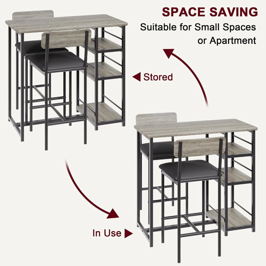 Set da pranzo a 3 pezzi per 2 persone: tavolo alto con 3 ripiani + 2 sedie imbottite - stile rustico - grigio