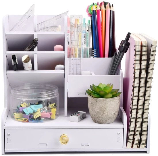 Organizzatore per ufficio grande capacità - Scatola multifunzionale per utensili da scrivere - Contenitore di archiviazione in plastica - Organizzatore per ufficio con ante - Organizzatore per scrivania - Dimensioni 25 x 25 x 15 cm