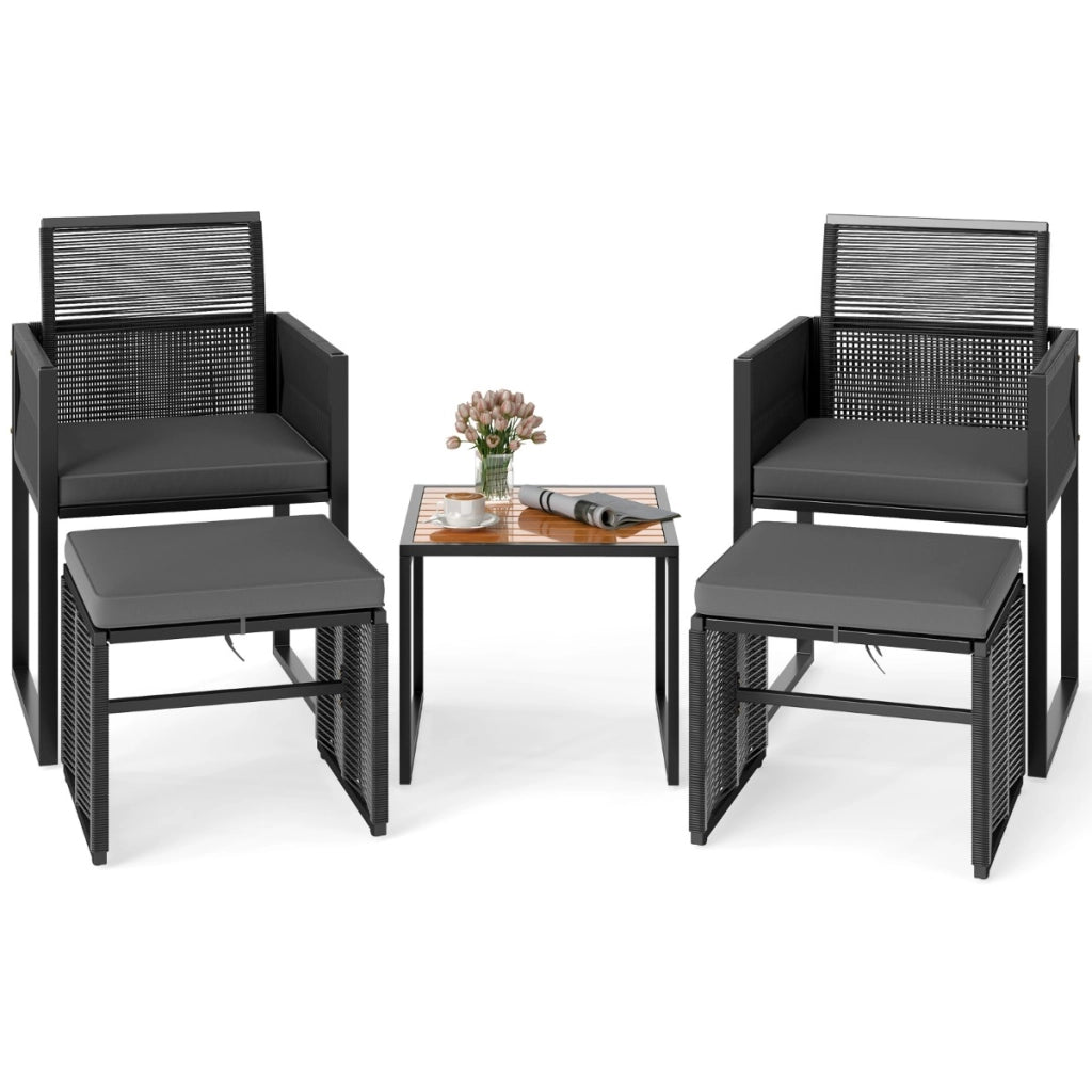 Set da giardino in rattan PE da 5 pezzi con pouf, Poltrone lounge da giardino salvaspazio Nero-Set mobili da esterno