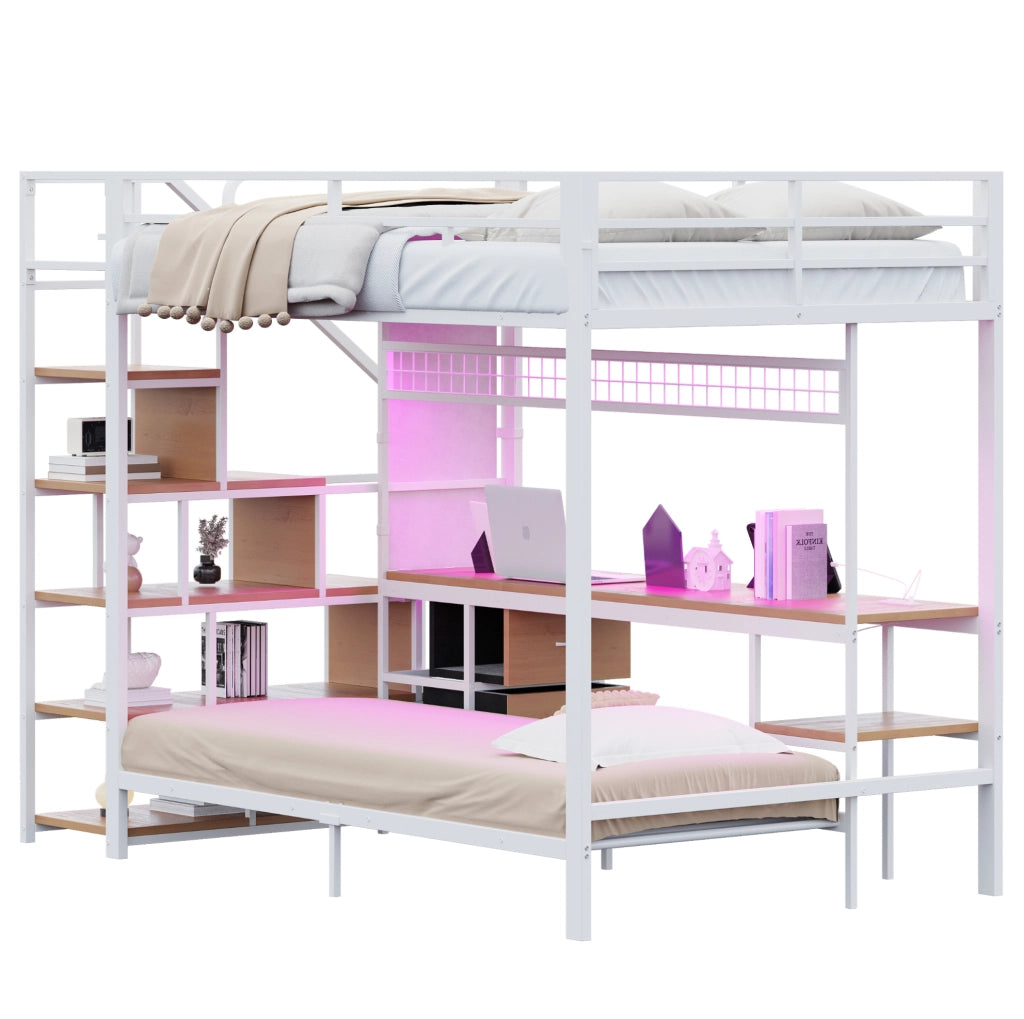 Letto a soppalco 140x200 cm con letto inferiore 90x200 cm; scrivania LED e prese; bianco