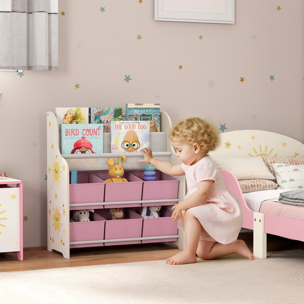 Scaffale Portagiochi per Bambini 63x30x71 cm con 6 Cassetti in Tessuto e Libreria a 2 Livelli in Legno e Acciaio Rosa