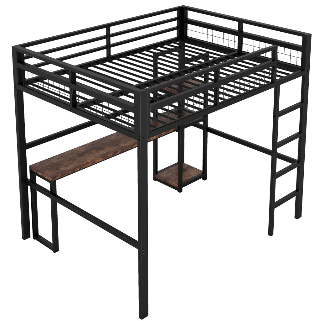 Letto a soppalco 140x200 cm con scrivania e ripiani; metallo; nero (Senza materasso)