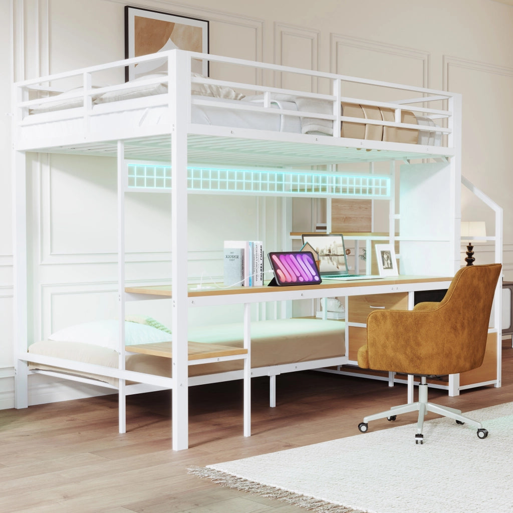 OKWISH Letto a Soppalco 140×200 cm e 90×200 cm, Letto 3 Posti con Scrivania, LED, Prese, Contenitori e Cassetti in Tessuto, senza Materasso, Bianco