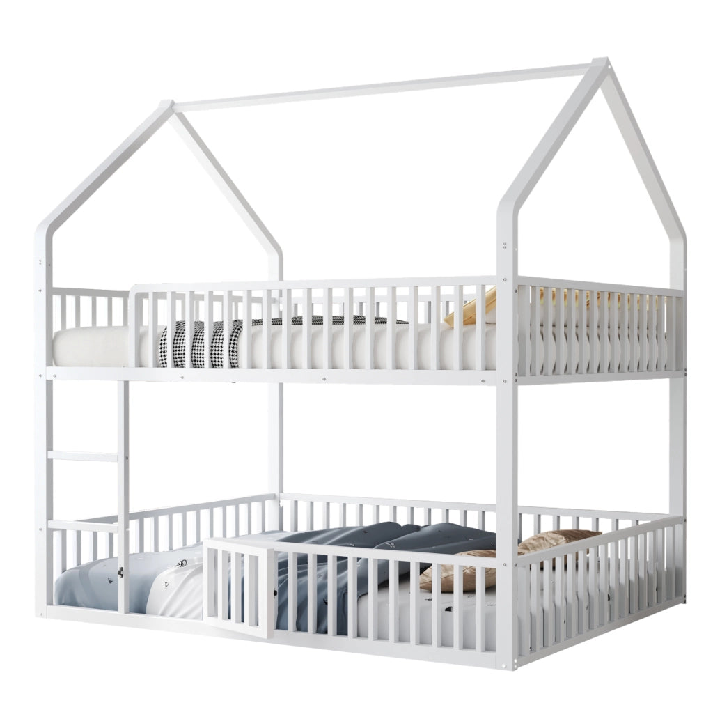 Letto a castello in metallo con design a casetta e scala frontale