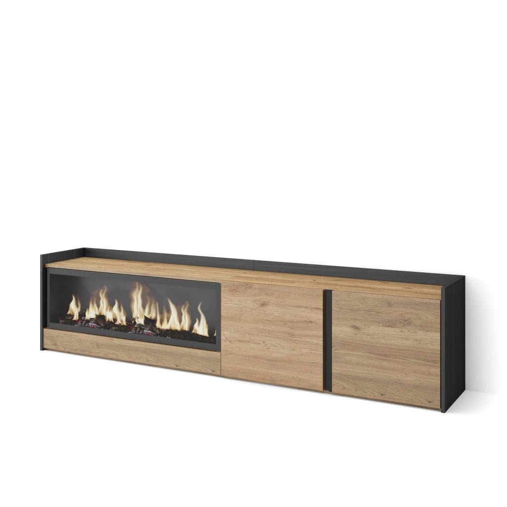 Mobile TV Soggiorno, 212x50x35 cm, Per TV fino a 80", Camino elettrico XXL, Rovere e nero