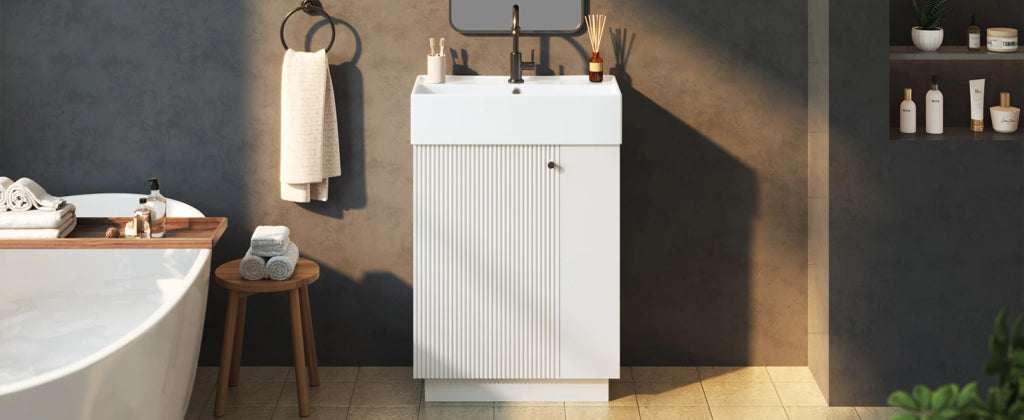 Mobile sottolavabo da bagno con lavabo in ceramica, anta soft-close e ripiani aperti, bianco, 55 × 32 × 87 cm