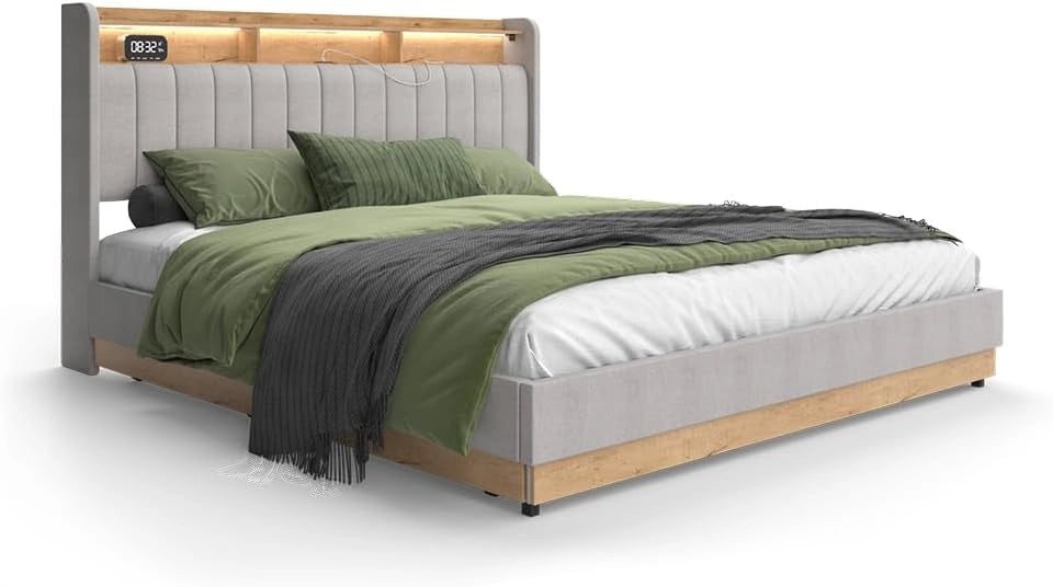 Letto imbottito Nura, Grigio, 180x200 cm con 4 cassetti, con porta di ricarica USB, illuminazione LED e telecomando