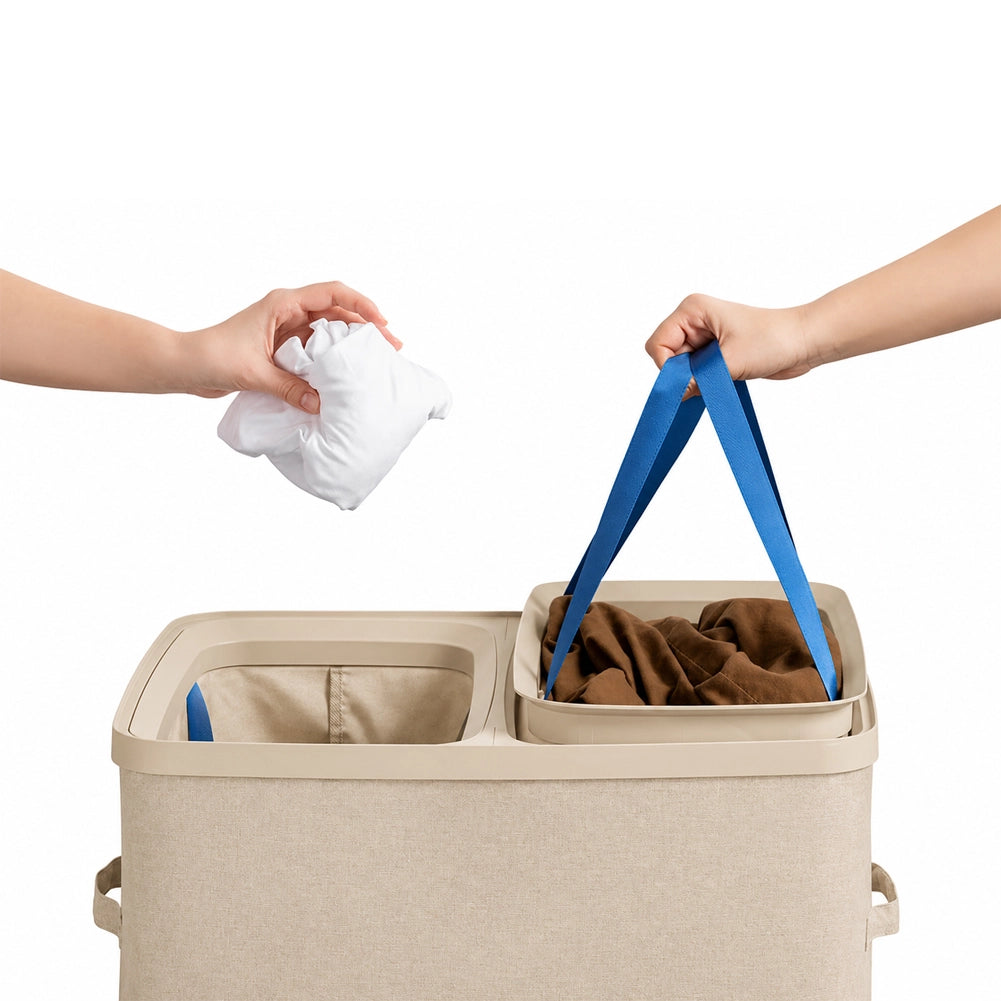 Cesto Portabiancheria Sporca con Divisorio Porta Biancheria Doppia Cesta Beige