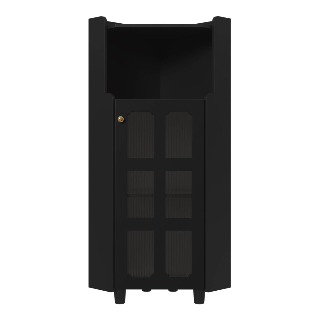 Mobile angolare con 2 ante; ripiano aperto e LED - per soggiorno e bagno - in MDF nero