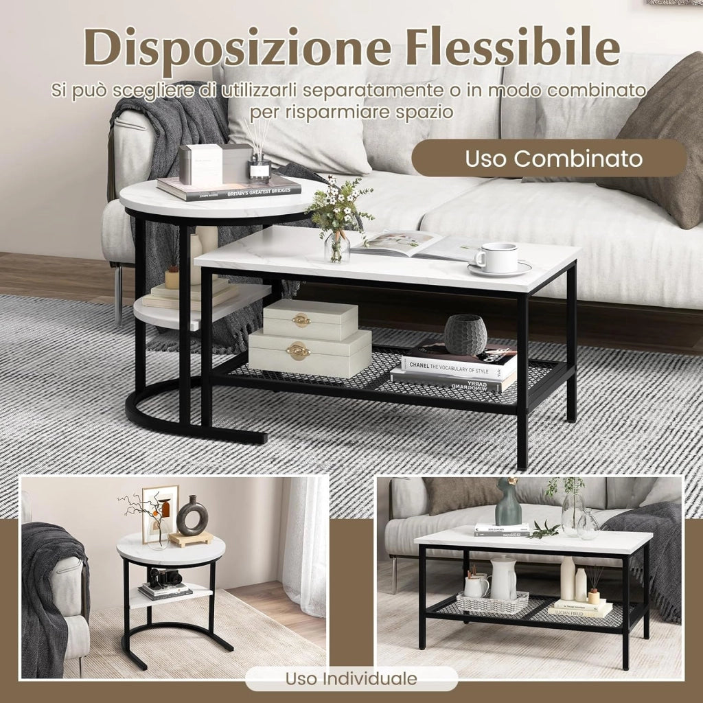 Set di Tavolini da Caffè Componibili, 2 in 1 Set di Tavoli Rimovibili con Piano in Marmo Sintetico, Tavolino Rotondo e Tavolino Rettangolare per Salotto e Camera da Letto (Nero)