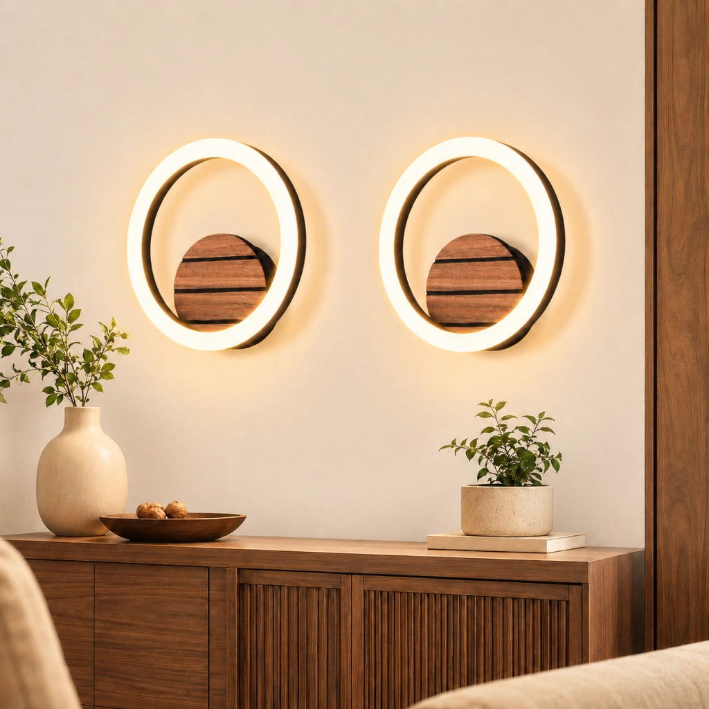 ZMH Lampada da Parete LED Interni 20cm Moderna Rotonda 6W 3000K Legno Effetto Indiretta per Corridoio Soggiorno Camera