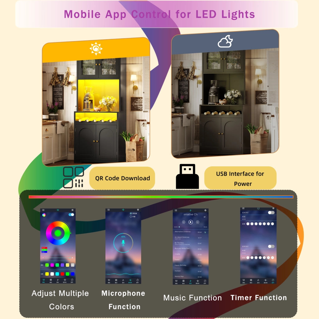 Credenza alta con vetrina, LED RGB app, portabottiglie e ripiani regolabili per cucina, nero, 70 × 38,3 × 180 cm