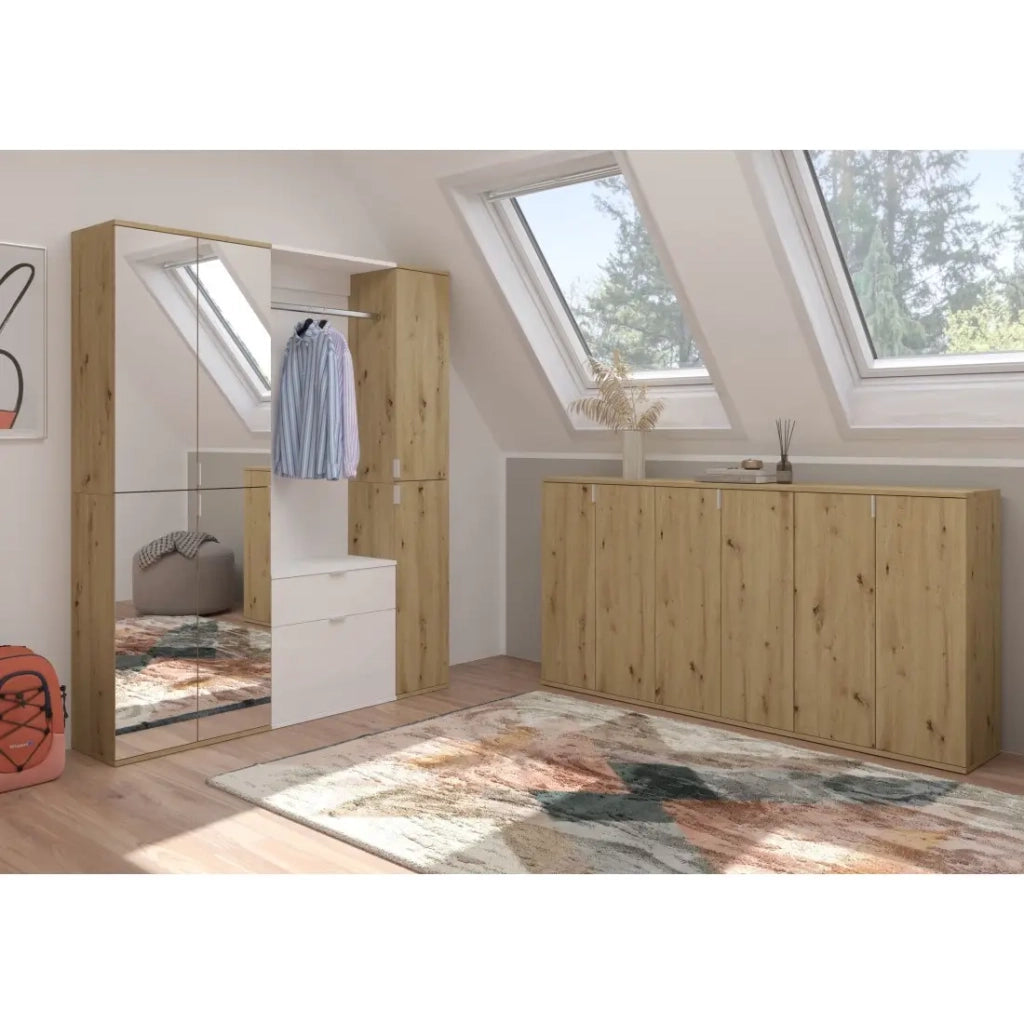 Armadio con 6 ante, 4 specchi, 2 cassetti e un guardaroba - Bianco e rovere - BODITE