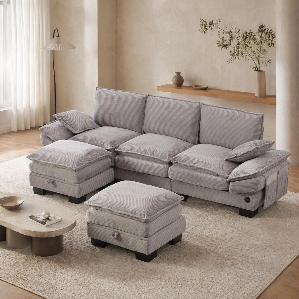 DIVANO 3 posti con 2 hocker, set da 3 pezzi, 260 x 132 x 84 cm, corduroy grigio chiaro